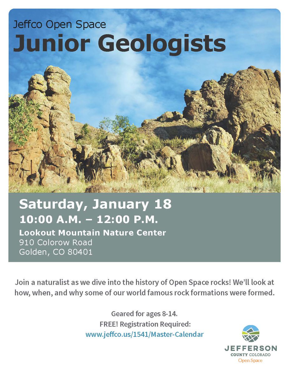 JeffcoOpenSpace's tweet photo. Geology rocks! Come to Lookout Mountain Nature Center next Saturday to learn all about Jeffco's famous rock formations.
Geared toward ages 8-14, all ages welcome. Free! Register: https://t.co/nC6162Xw0U https://t.co/2jdTidzF6Y