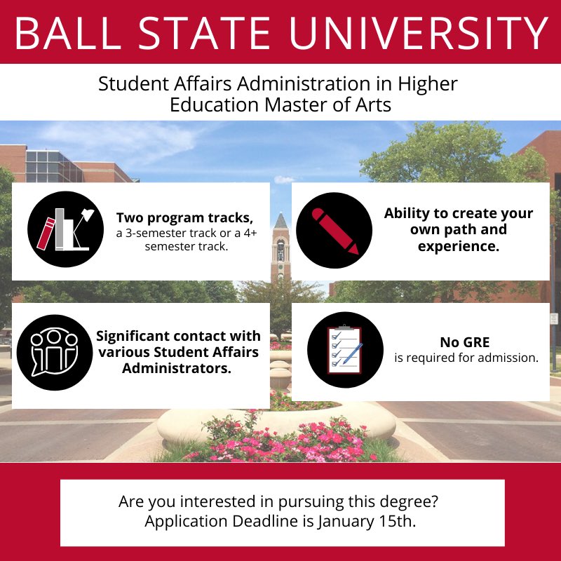 BallStateSAAHE's tweet photo. Interested in a Student Affairs Administration in Higher Education Master of Arts degree? There’s still plenty of time to apply! #BallStateSAAHE #StudentAffairs #HigherEd https://t.co/NmQXgn7Zkt