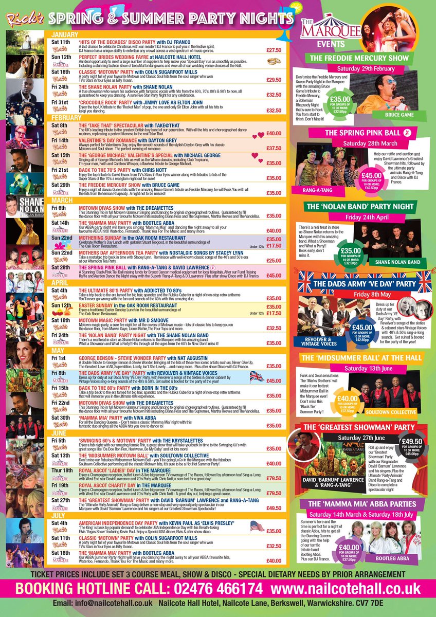 NailcoteHall's tweet photo. Check out our diary of #party nights #tribute shows & #events for 2020 ! There’s so many great nights to be enjoyed in #ricksbar & the #marquee from #motown & 80’s to #freddiemercury & #eltonjohn Events include 3course dinner , show & after show Disco 💃🏻 🕺Book at 02476466174 https://t.co/FcWvw8dKdV
