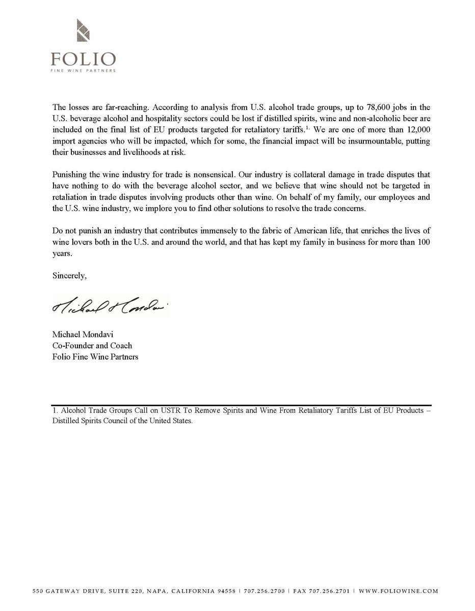 Read Michael Mondavi's letter the Office of the U.S. Trade Representative regarding Wine Tariffs.