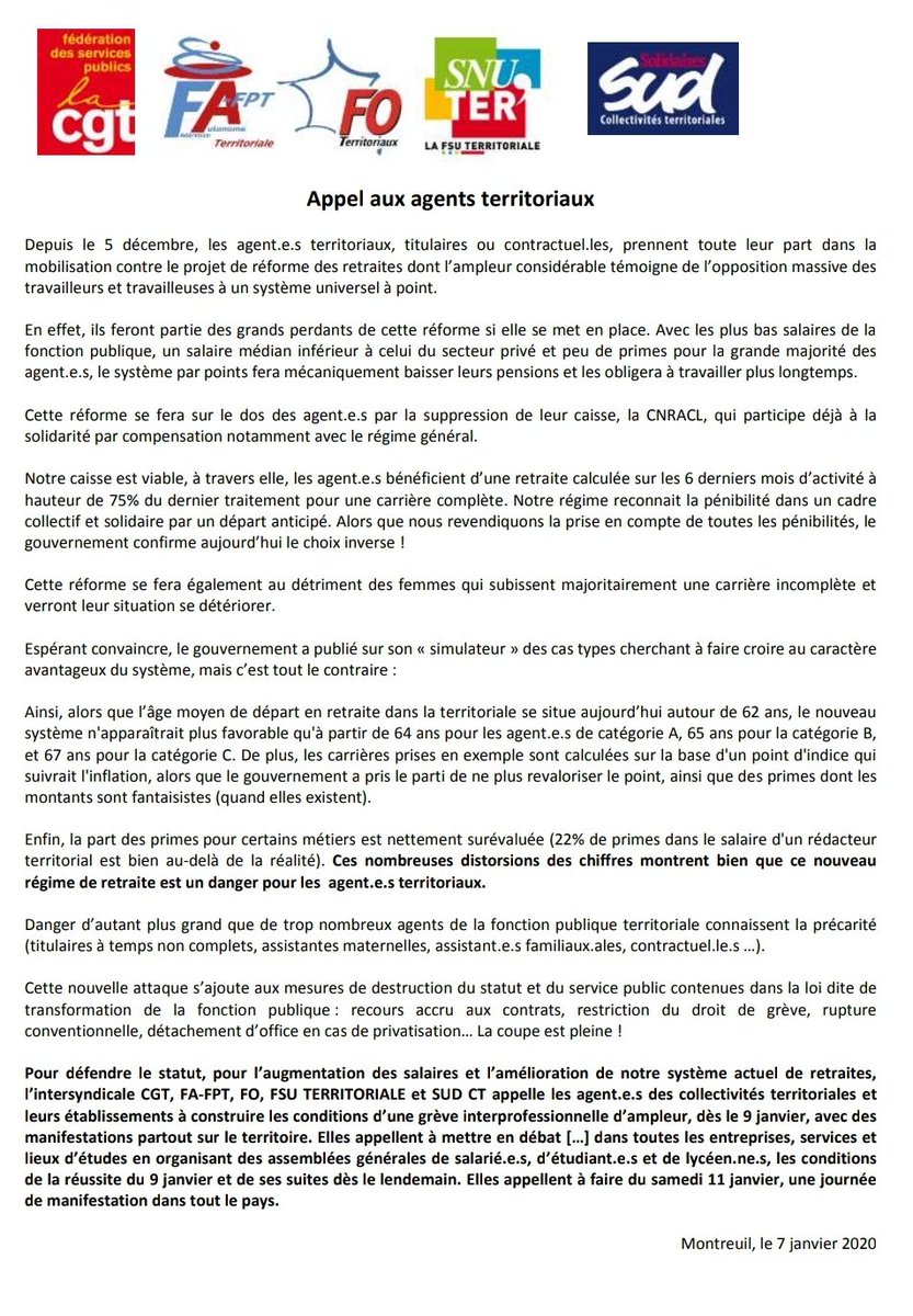 Communiqué de l'intersyndicale fonction publique territoriale : réussir le 9 janvier et ses suites ✊

#greve9janvier #ReformeRetraite