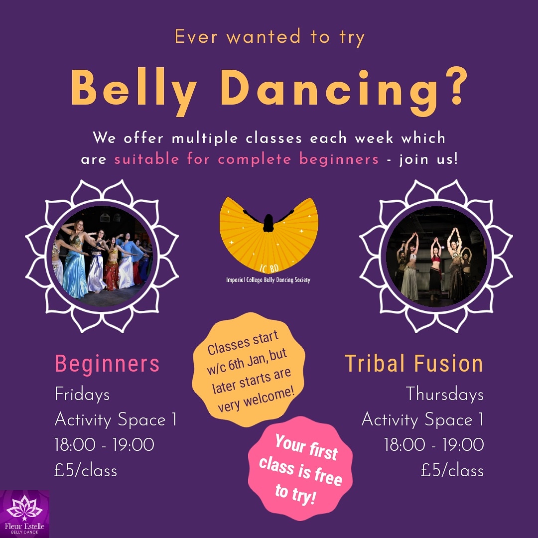 Want to try something new this term?✨ Our beginners and tribal fusion sessions are free the first time you join us 💃

After that, it's £5/class (+£6 membership per academic year), or you can bulk buy your classes from our @icunion shop for a discount 😍

imperialcollegeunion.org/shop/club-soci…