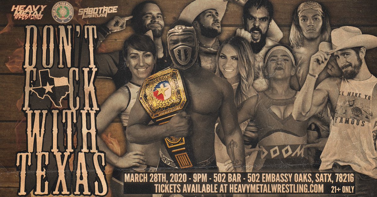 SaboWrestling's tweet photo. Upcoming events:

Jan 25-Irving, Texas “War of the Genders 4” w/@LuchaBrutal

March 28-San Antonio, Texas “Don’t F*ck With Texas” w/@HeavyMetalPro &amp; @NewTexasPW

April 2-Tampa, Florida “Texas Forever” w/@InspireProWres, Heavy Metal Wrestling, New Texas Pro &amp; Lucha Brutál https://t.co/eSEyWuvJWr