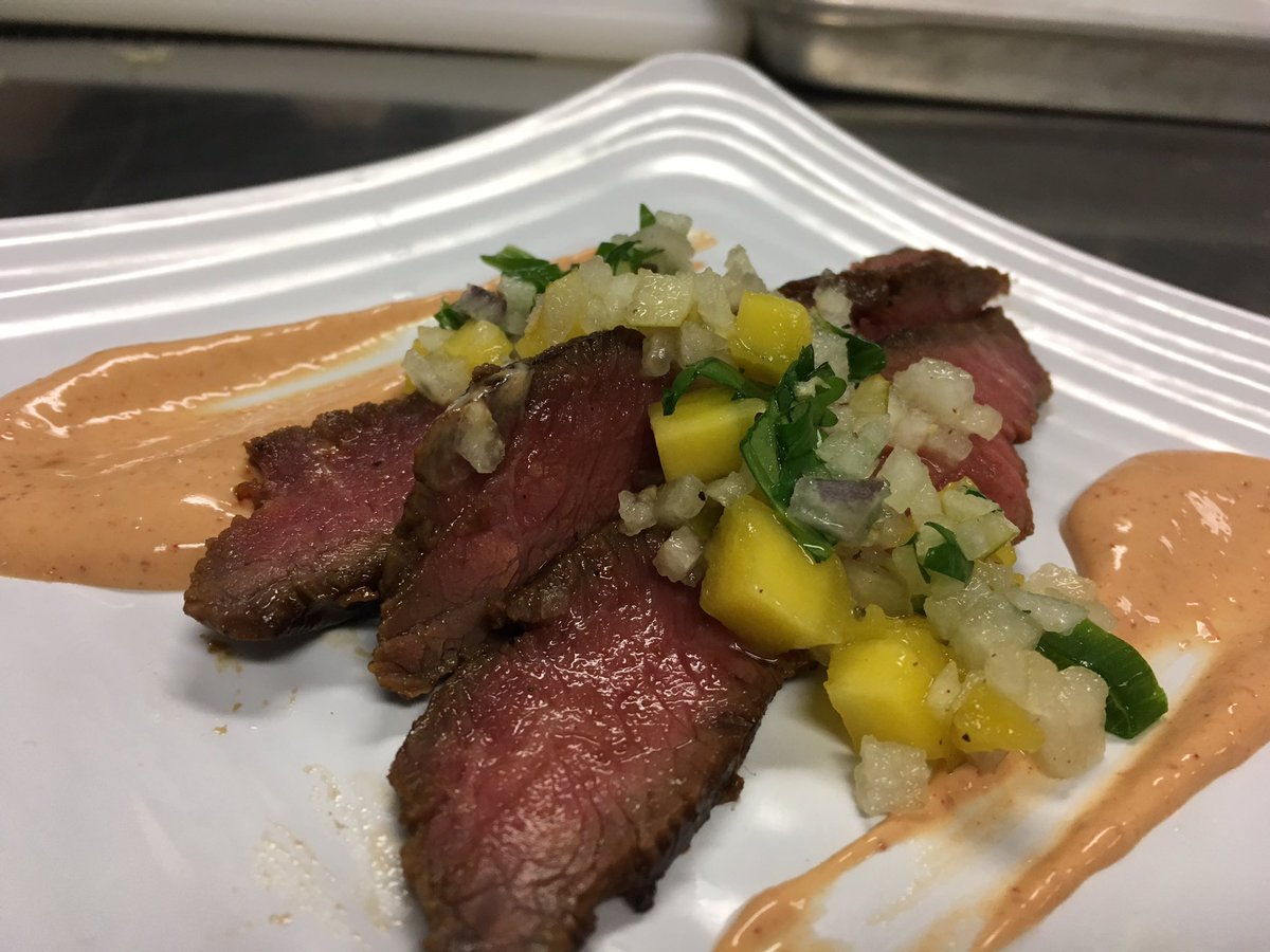 lhsbackburner's tweet photo. Great way to start off a delicious new semester...Inspiration from Johnson &amp; Wales very own Chef Marnique. Today’s tasting: Korean marinated Flat Iron Steak with Gochujang Crema and Mango and Pear Salsa! @HaysCISDCTE @PizanaMarco @rbough @zunigak13 https://t.co/gVPHW7jy7p