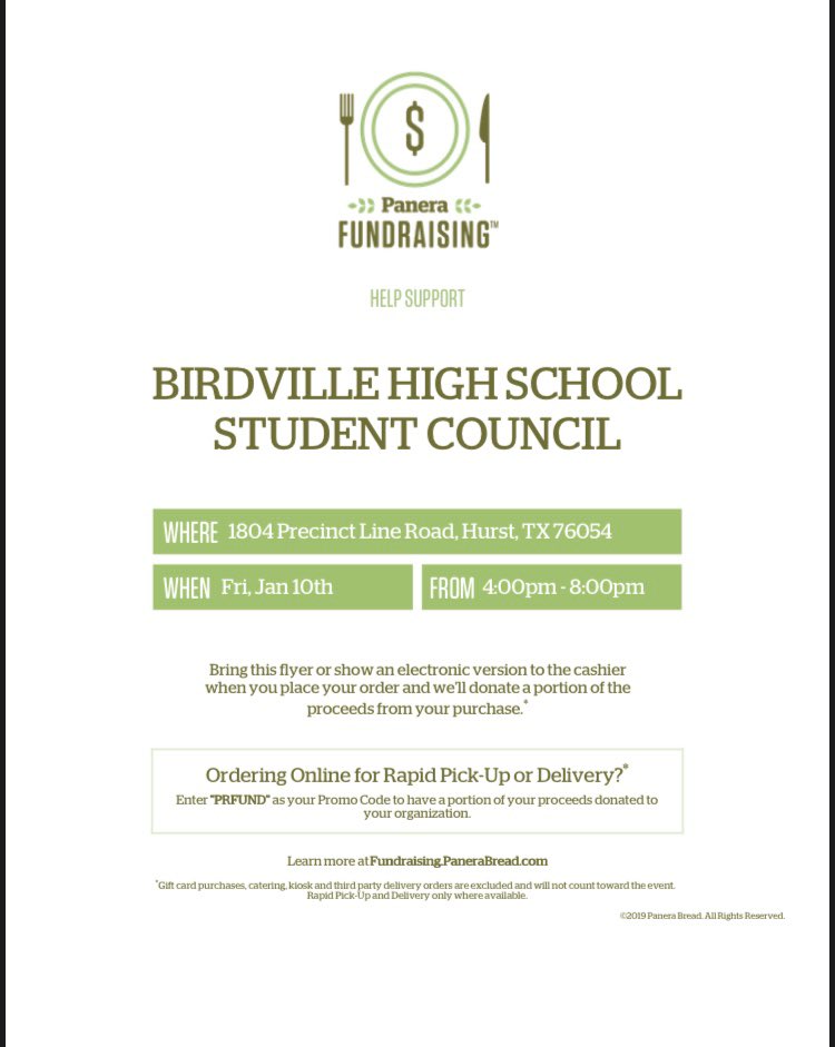 BirdvilleHigh's tweet photo. Make sure to come out to our Student Council fundraiser on Friday, Jan 10 at the Panera off of Precinct from 4-8pm! Show this flyer or tell the cashier!! https://t.co/xDhFNk6MXe