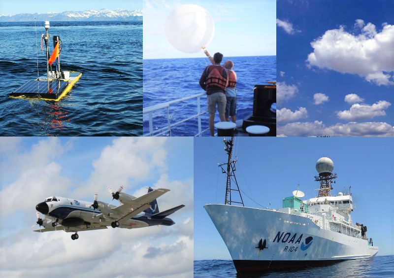 Photo collage shows a few examples of the tools scientists will use in the ATOMIC mission. Clockwise from left: A waveglider; a weather balloon launch; shallow convective clouds; the NOAA Lockheed WP-3D Orion plane; the NOAA Ship Ron Brown.

