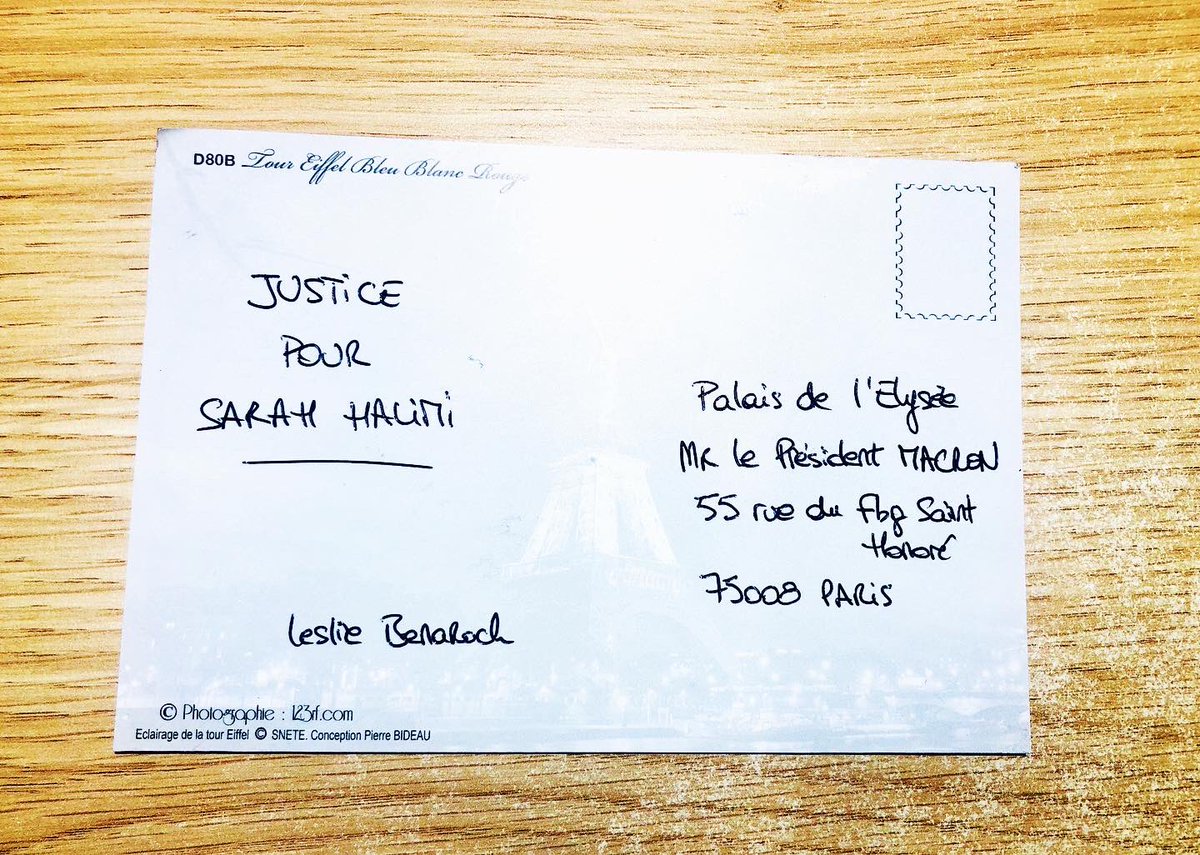 Lesliebenaroch's tweet photo. #JusticePourSarahHalimi 
Puisque la justice ne répond pas... 
- Envoyer une carte postale sans enveloppe
- Ecrire : 
JUSTICE POUR SARAH HALIMI
- L’envoyer à :
Palais de l’Élysée,
Mr @EmmanuelMacron 
55 r du Fbg St Honoré, 
75008 Paris 
Pas besoin de timbre pour écrire à l’@Elysee https://t.co/Ghbl5uawrY