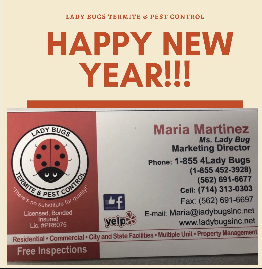 MariaMa40563270's tweet photo. CALL NOW AND SCHEDULE YOUR FREE TERMITE &amp; RODENT INSPECTION 1-855-4 LADY BUGS 

Happy New year 🎊 from our team at Lady Bugs Termite &amp; Pest Control #freetermiteispection #whatsbuggingyou https://t.co/3EllG7PGdm