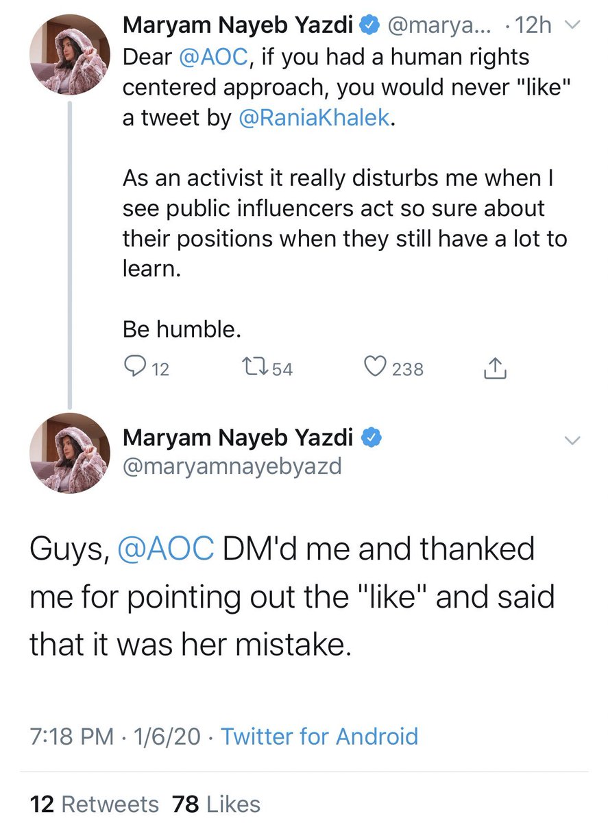Yesterday,  @AOC ended up I guess reaching out to Maryam Yazdi, who is a Shah supporter and also is connected with Thor Halverssen's regime change organization.