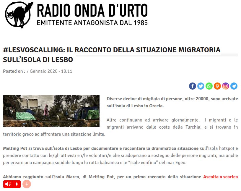 Lesvos Calling (@callinglesvos) on Twitter photo #LESVOSCALLING: IL RACCONTO DELLA SITUAZIONE MIGRATORIA SULL'ISOLA DI LESBO radiondadurto.org/2020/01/07/les… via <a href="/radiondadurto/">Radio Onda d'Urto</a>
Info su <a href="/MeltingPotEU/">Melting Pot Europa</a>>meltingpot.org/+-Lesvoscallin…
Dona su <a href="/betapdb/">produzioni dal basso</a> network @bancaetica>sostieni.link/23800
#overthefortress #opentheisland #stopeuturkeydeal #LESVOSCALLING: IL RACCONTO DELLA SITUAZIONE MIGRATORIA SULL'ISOLA DI LESBO radiondadurto.org/2020/01/07/les… via <a href="/radiondadurto/">Radio Onda d'Urto</a>
Info su <a href="/MeltingPotEU/">Melting Pot Europa</a>>meltingpot.org/+-Lesvoscallin…
Dona su <a href="/betapdb/">produzioni dal basso</a> network @bancaetica>sostieni.link/23800
#overthefortress #opentheisland #stopeuturkeydeal
