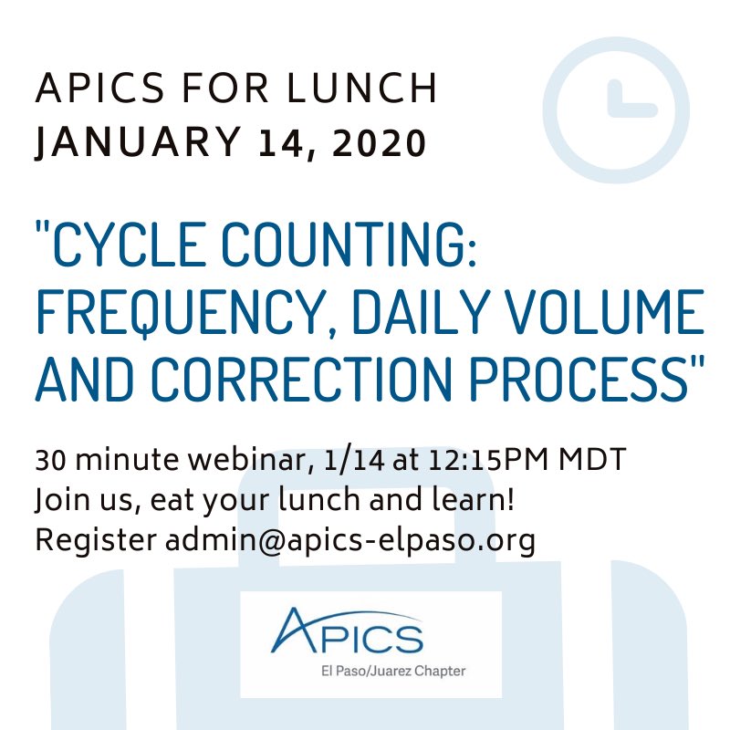 This is a kind invitation for the webinar #APICS for Lunch January 14th 12:15MDT, Chet Frame will continue the discussion of Cycle Counting to include frequency, daily volume, &amp; correction process #apics #inventory Register bit.ly/APICS4lunch011…
"Eat your lunch and learn" 📊💻