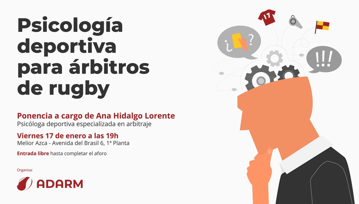 Ponencia sobre psicología deportiva para árbitros de #rugby a cargo de la psicóloga deportiva Ana Hidalgo Lorente y organizada por la #ADARM
🗓 Viernes 17 de enero 19h
📍 Melior Azca - Av. del Brasil 6, 1ª Planta
🎟 Entrada libre hasta completar el aforo
#ÚneteAlRef #Árbitro