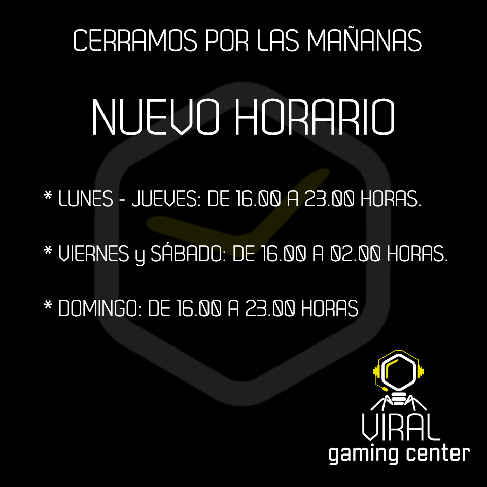 ViralGamingCent's tweet photo. ⏰⏰⏰⏰⏰⏰

¡¡¡AVISO PARA TODOS LOS JUGADORES!!!

A partir de este miércoles, 8 de enero, cerramos por las mañanas.

El horario que tendremos es el de la imagen.

Un saludo.

#viralgamingcenter #gamer #gaming #videojuegos #badajoz #horario https://t.co/cBHUwjUADU