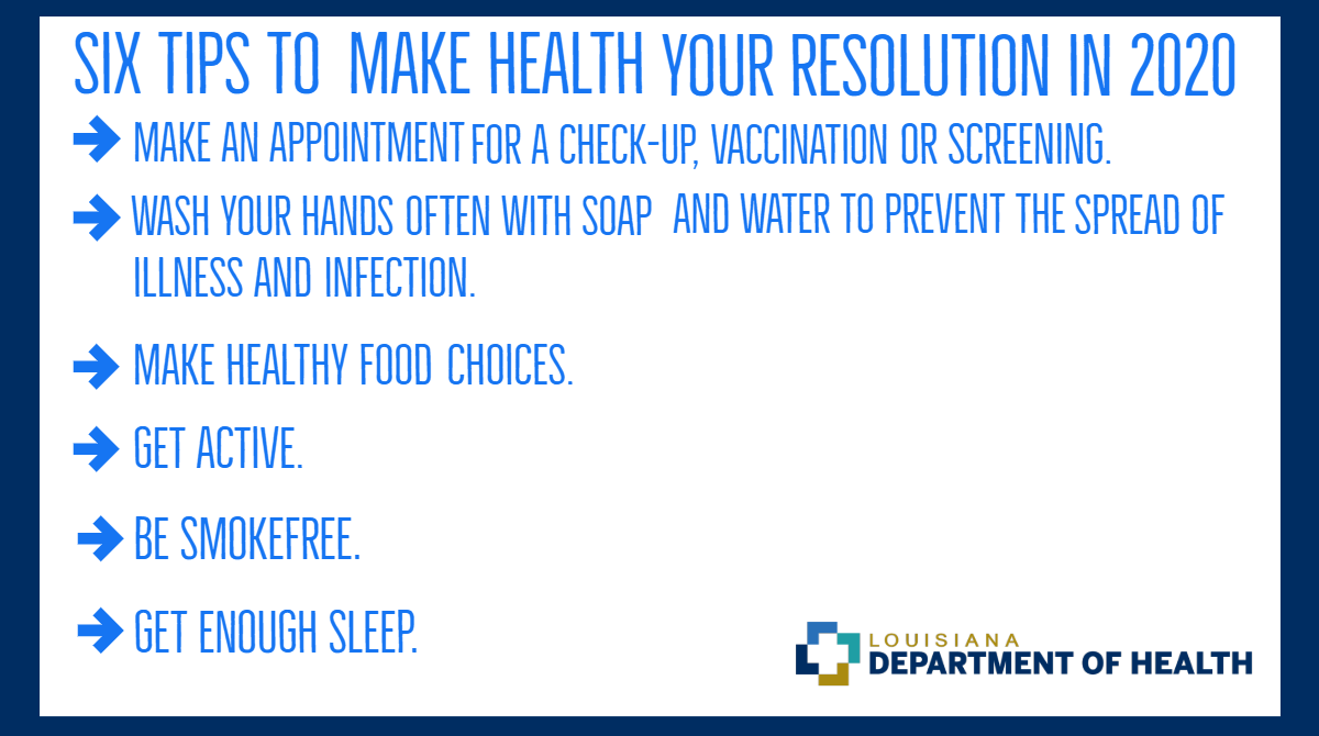 LADeptHealth's tweet photo. Decided to make health your resolution in 2020 and don't know how to start? Here are six tips to help you be healthier this year. #LDHImprovingHealth https://t.co/yzLMkNuJoW