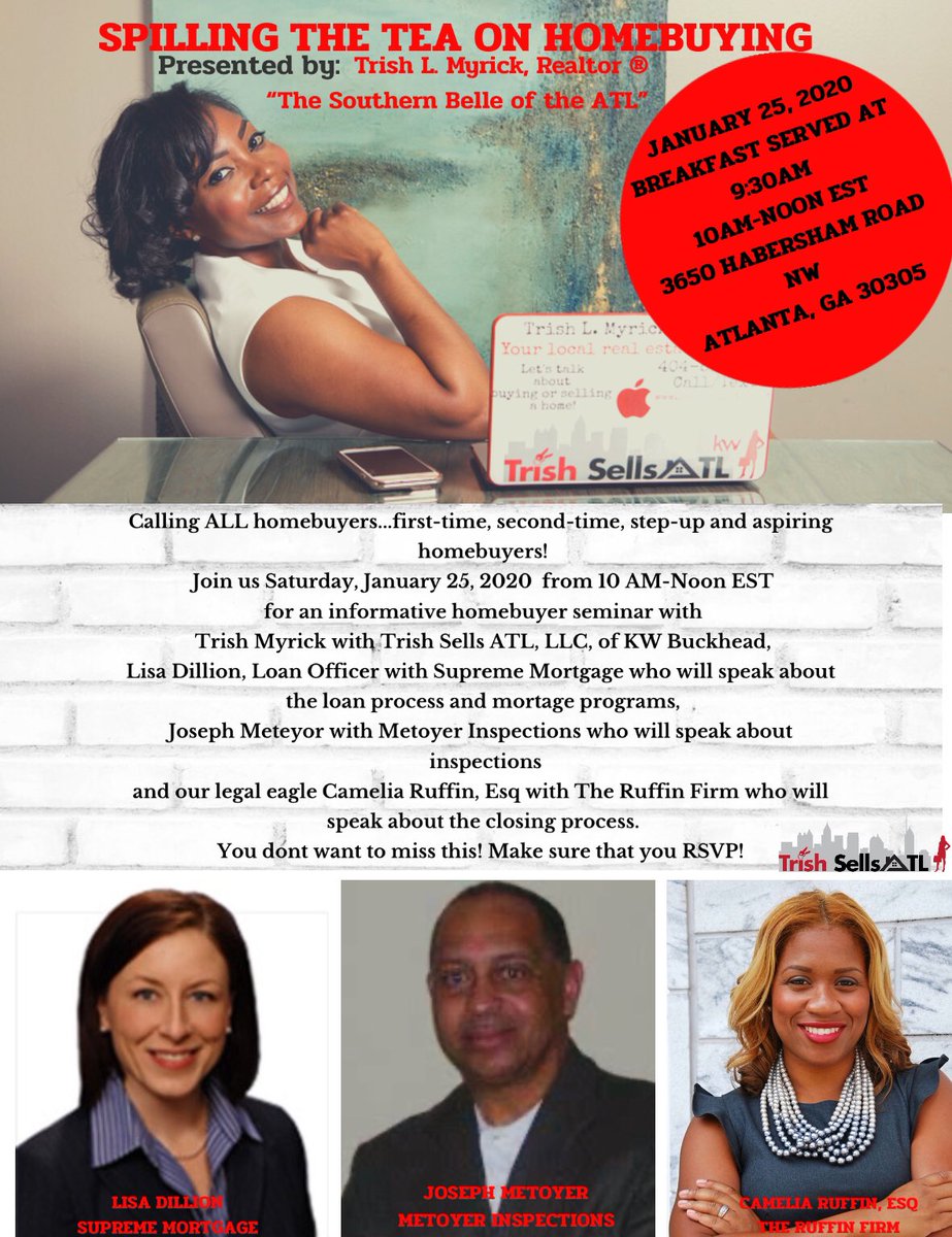 TheRuffinFirm's tweet photo. Don’t miss @trishsellsatl’s upcoming #homebuyer workshop on Saturday, Jan. 25, 2020! The event is #free and breakfast will be included. Register today: https://t.co/8LRGvhkcU4 # https://t.co/BthwW2gZ2W