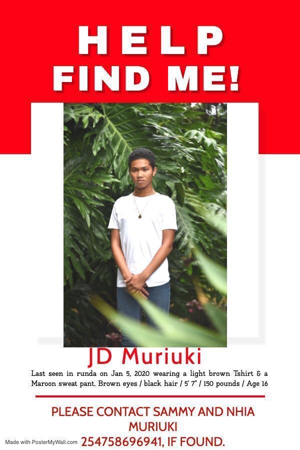 muriukisami's tweet photo. Please help find JD Muriuki 16yr Boy. Last seen Runda Sunday 5th 10pm https://t.co/ibHRrEjFHo