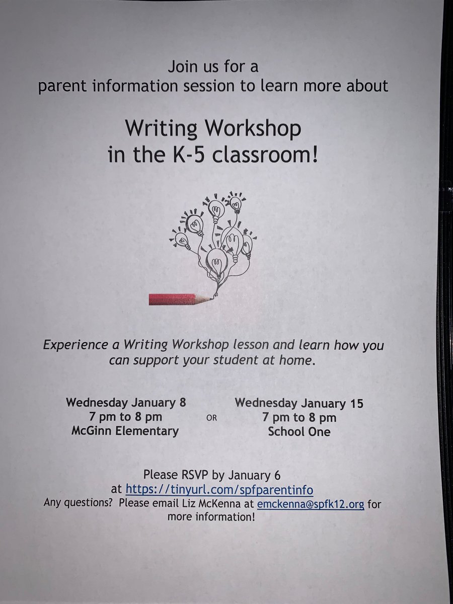 SPFProud's tweet photo. Parents, join us for a parent info session to learn more about the K-5 Writing Workshop in the classroom!

January 8th from 7-8pm at McGinn Elementary or January 15th from 7-8pm at School One Elementary.

Sign up at https://t.co/aNjufsAEI1 https://t.co/4MsIuTxJJD