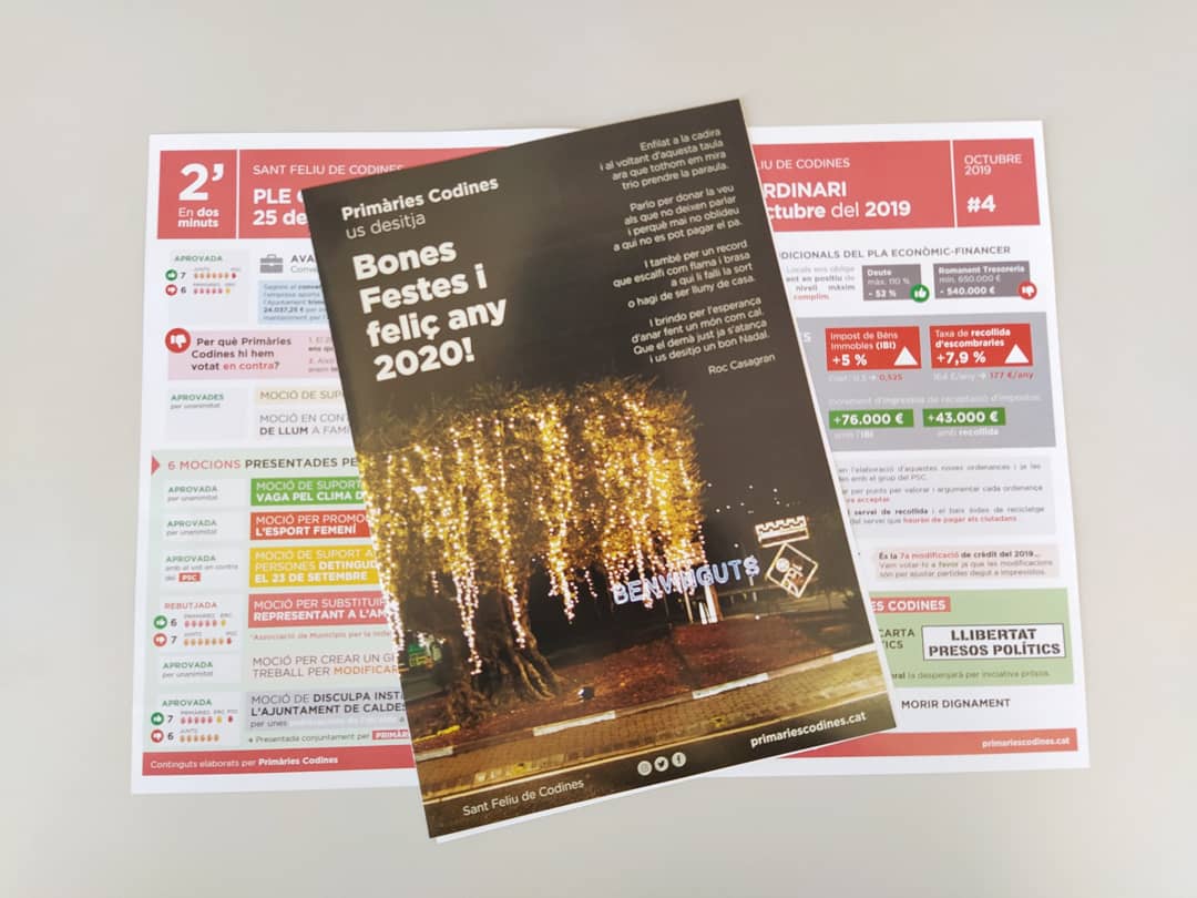 PrimariesSFC's tweet photo. Durant aquestes festes, us hem portat a casa un nou Butlletí de Primàries Codines que inclou:
⭕ #ElPleEn2' (x3) setembre, octubre i novembre.
♻️ Els Residus a Codines en dades.
⚙️ Els Pressupostos municipals 2020.
L'heu rebut? Us ha estat útil? Comenteu-nos 👇 https://t.co/9b8sqpI2f3