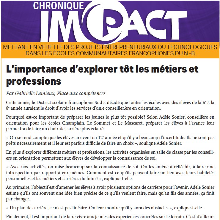 PACnb_org's tweet photo. [À lire et à partager] Dans l'@acadienouvelle ce matin en p.9, notre chronique IMPACT porte sur l'importance d'explorer tôt les métiers et professions. 👉https://t.co/U6C8bBgSbM https://t.co/vn7tei0zQ8