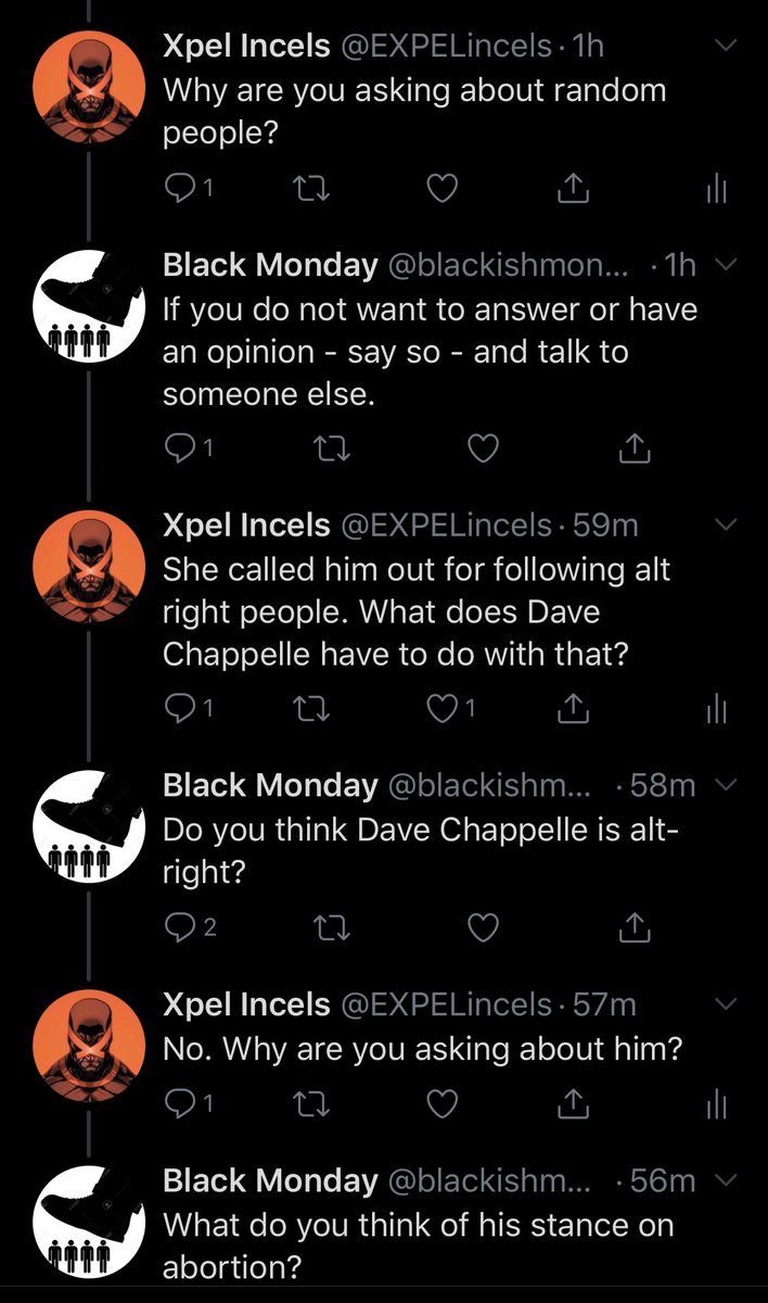 Example 55-59: the subject of the alt-right came up in the thread and this account started asking questions about random comedians. No explanation about relevance.