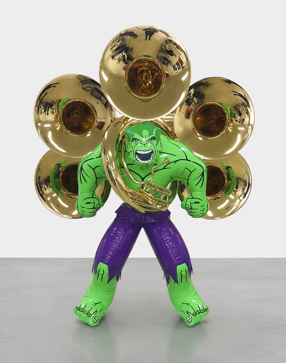 Hulk (Tubas), 2004-2018 from the Hulk Elvis series, Jeff wanted to show the parallels between Eastern and Western cultures. When Guardian Gods present themselves, they make a lot of noise. The tuba with five bell ends is one of the largest wind instruments in the world #jeffkoons