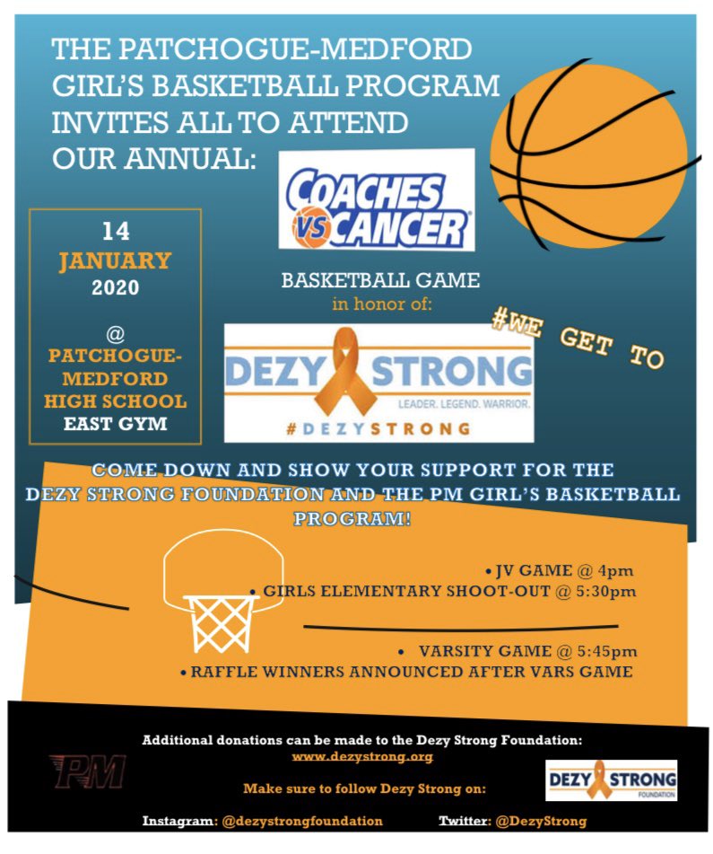 PM_girlsBBALL's tweet image. Please join us on 1/14 @ PMHS for our annual Coaches v. Cancer game played in honor of Matt “Dezy” DiStefano and the Dezy Strong Foundation! COME DOWN TO SUPPORT &amp;amp; SPREAD THE WORD! 🧡💙🎗🏀 #dezystrong #WEGETTO @PatMedAthletics @PatMedHS @PatMedSchools @DezyStrong