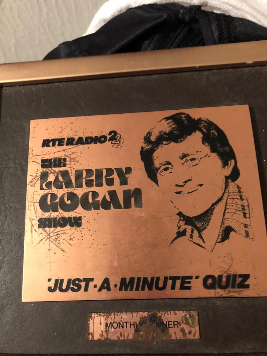 AnneODMatthews's tweet photo. @MarianKeyes @MarianKeyes here’s my mam Anna O’Donnell’s ‘monthly winner’ plaque ❤️ We all loved Larry Gogan and Mam was a regular contestant and winner when we were growing up. That’s where we got our competitive streak @DoolanKate @silejo 😍#justaminutequiz #RIPLarryGogan https://t.co/PvthqtLkI4
