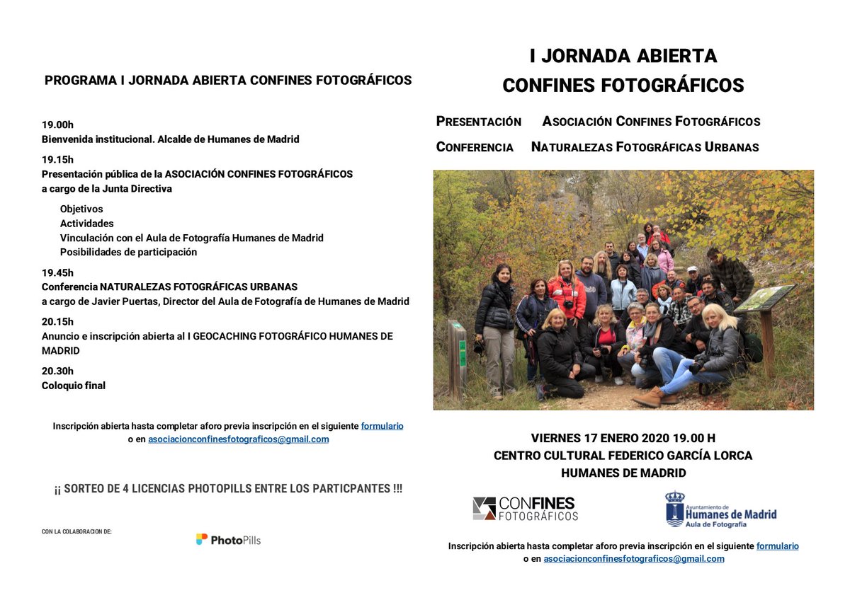 confinesfotogr1's tweet photo. Nace “CONFINES FOTOGRÁFICOS”,  el 17/01 a las 19h en el C.Cultural Federico García Lorca  en #Humanes será nuestra presentación, @fototerritorios hablará sobre naturelazas fotográficas urbanas y os contaremos objeticos y actividades para 2020, con la colaboración de @photopills https://t.co/vSOvxmbCM9