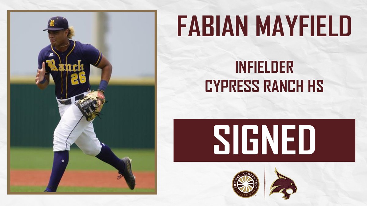 TxStateBaseball's tweet photo. Picked up another big bat for the 2020 Class. Welcome @MayfieldFabian to the Bobcat Family!

⚾️: INF
📍: Cypress Ranch HS

📰: https://t.co/20biHDnuxT

#EatEmUp https://t.co/muGbynamYZ