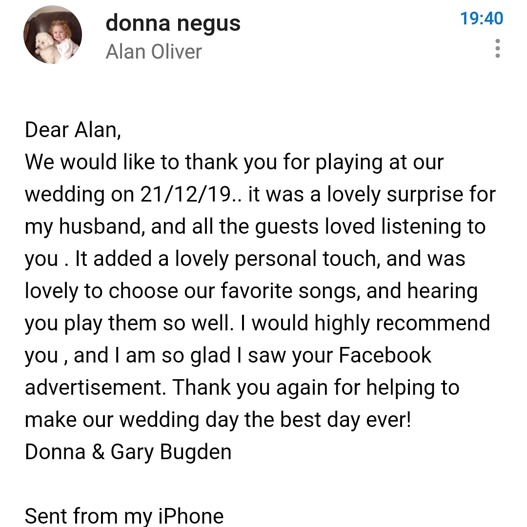 Alanoguitarist's tweet photo. A lovely review from a recent wedding gig https://t.co/ADmaKYA25q