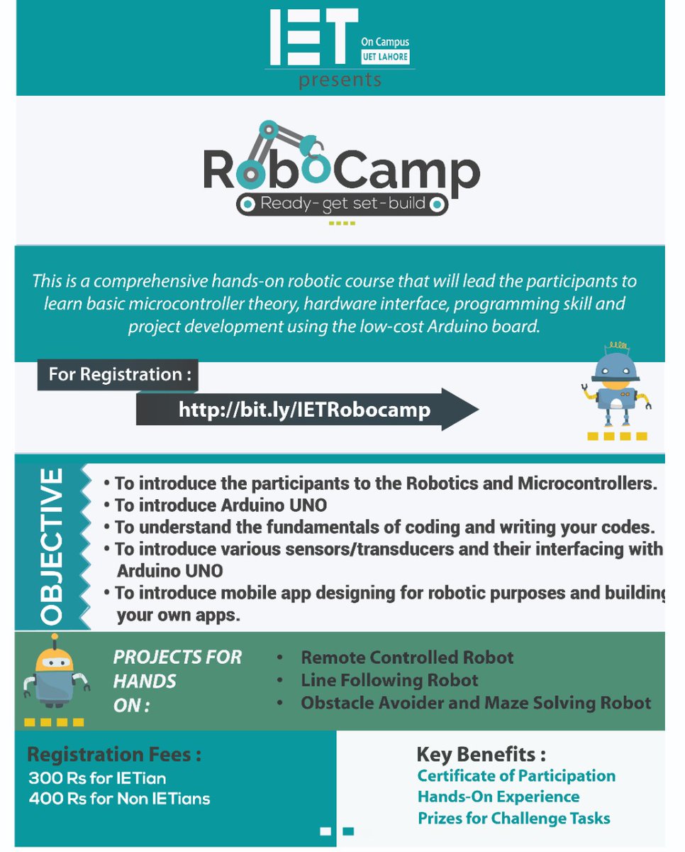 IETOnCampusUET's tweet photo. IET On Campus UET Lahore brings you RoboCamp, a course that will lead the participants to learn basic microcontroller theory, hardware interface, programming skill and project development using Arduino board.
Register at:
https://t.co/s7yqpOUHBn
#RoboCamp
#IETOnCampus
#UETLahore https://t.co/mf7XVHJjKK