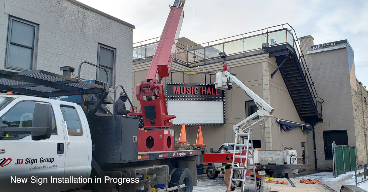 jdsigngroup's tweet photo. Out with the old, in with the new! JD Sign Group is almost ready for our big reveal of the brand new London Music Hall sign. Could you guess what we were making?
#signs #signsoftwitter #illuminatedsigns #signinstallation #WIP #design #londonmusichall https://t.co/Pf2yQ06HbC