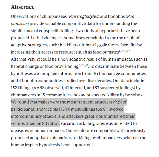  Estas diferenças na agressividade e violência podem ser encontradas noutras espécies.Humanos: homens cometem 95% dos homicídios e são 79% das vítimas de homicídio;Chimpanzés: machos cometem 92% das mortes e são 73% das vítimas mortais. https://www.nature.com/articles/nature13727