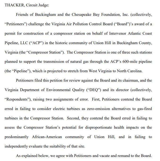 BradKutner's tweet image. BREAKING: #FourthCircuit sides with environmental groups @chesapeakebay, @NAACP of VA, and a handful of @vademocrats in blocking a permit for an Atlantic Coast Pipeline compressor station in historically black South West VA 
More to come via @CourthouseNews in a bit