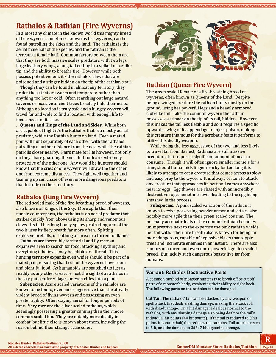 ember_dm's tweet image. Monster Hunter: Rathalos/Rathian 5e D&amp;amp;D Stats

Rathian was another one of the monsters I first put stats to and put online, back maybe a month after or so when Monster Hunter World first came out.  So here's the updated stats for her, along with Rathalos.  #DnD