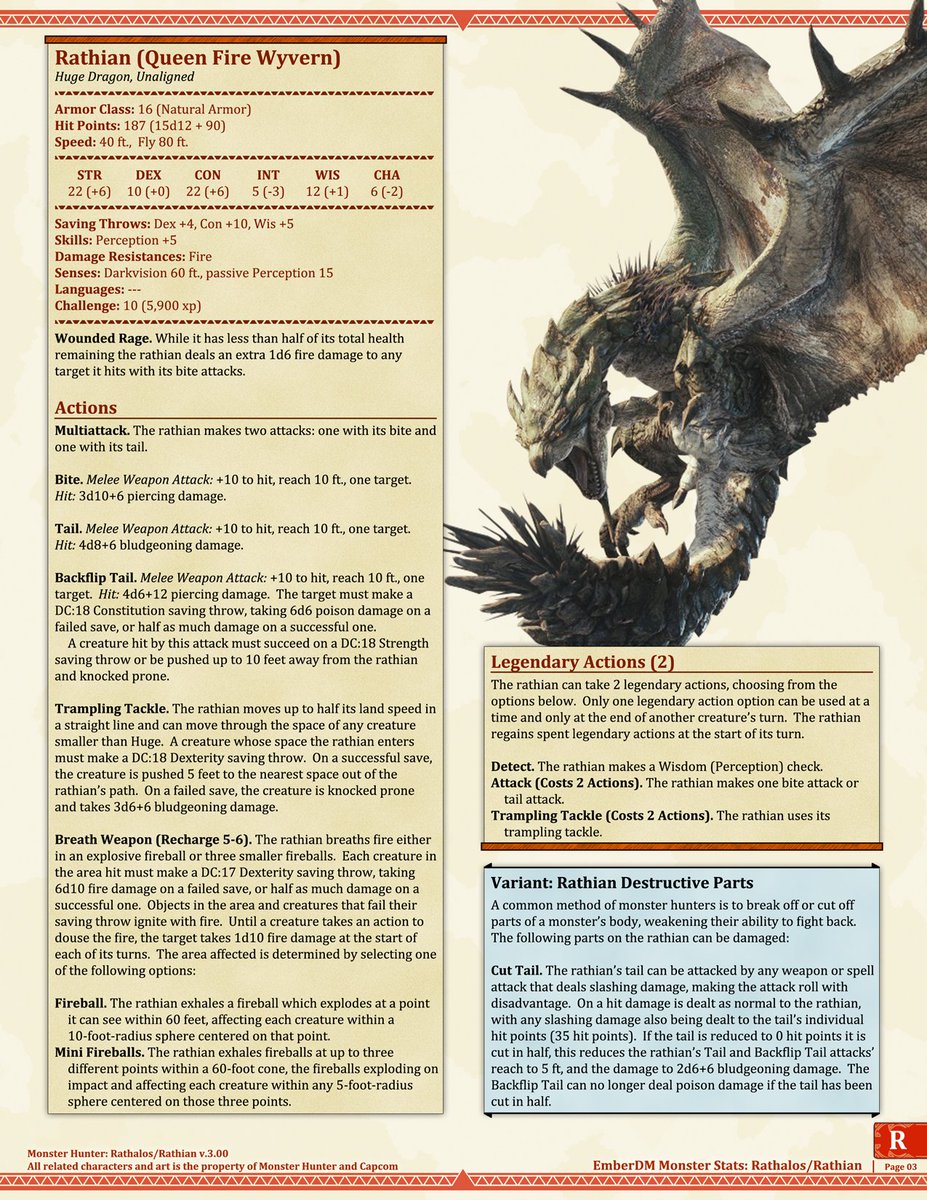 ember_dm's tweet image. Monster Hunter: Rathalos/Rathian 5e D&amp;amp;D Stats

Rathian was another one of the monsters I first put stats to and put online, back maybe a month after or so when Monster Hunter World first came out.  So here's the updated stats for her, along with Rathalos.  #DnD