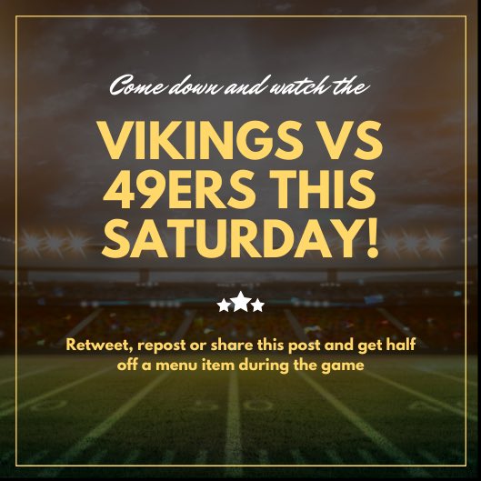Share, retweet or repost today to get half off menu item on Saturday during the game.
