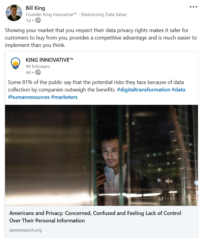 KingInnovative's tweet photo. Majorities think their #personaldata is less secure now, that #data collection poses more risks than benefits, and believe it is not possible to go through daily life without being tracked. https://t.co/PhHMbQcu1m