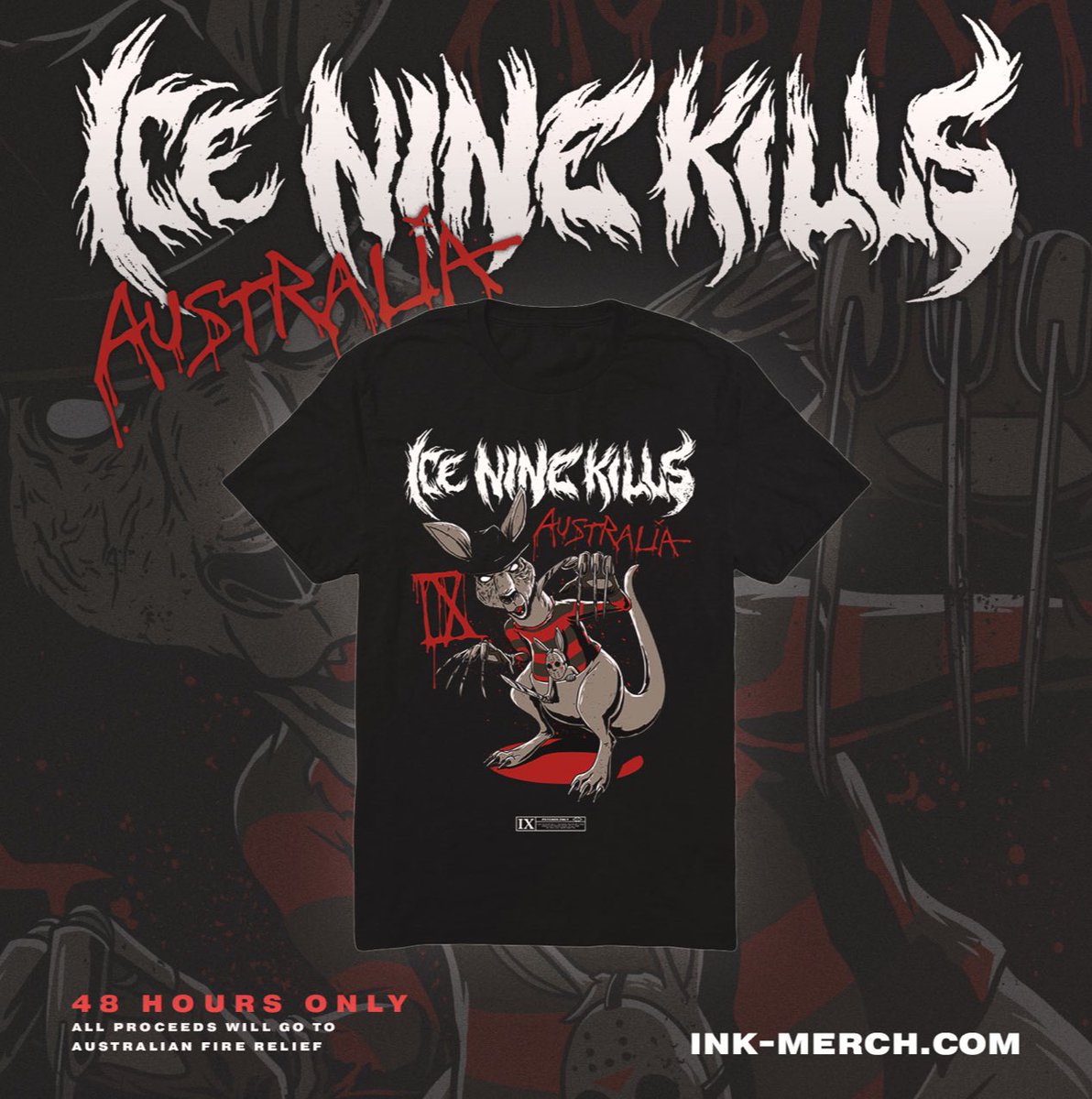 ICENINEKILLS's tweet photo. In light of the recent events, we are donating all profits from this limited edition shirt to the Australian Wildfire Relief efforts. Please consider picking one up and helping out our friends down under in this devastating time. Available at https://t.co/LvnUx7tYD7 https://t.co/C2Xo8Zhy2X