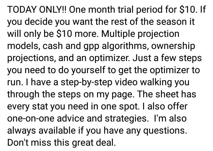 DFS_ShepSheat's tweet photo. https://t.co/C6FwO15tU0
Like, follow and share. Also doing 2 for 1 special. You and a friend. $20 get it for rest of season.  #draftkings #dfs #nba #fanduel #Giants #GiantsPride https://t.co/TvOw90ohb0