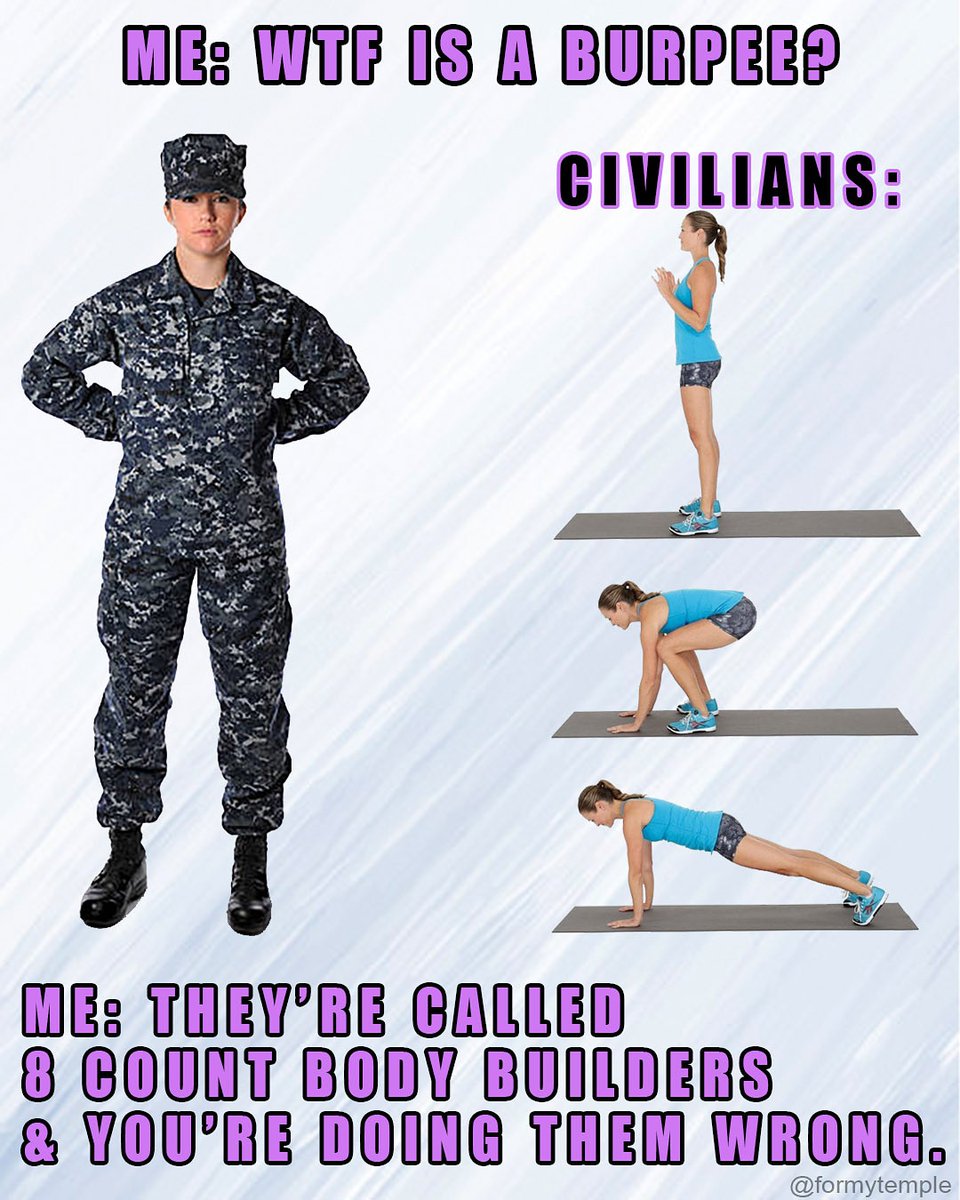 ForMyTemple's tweet photo. #Burpees vs #8CountBodyBuilders

#Hooyah #MilitaryFitness #WorldsFinestNavy #USN #USMC #USAF #USCG #USArmy #2020 #Fitness #fitnessjourney #itsalifestyle #GetFit #Cardio #Workout #Training #Tuesday
#GymMotivation #GymGoals #ForeverFitness https://t.co/75Ha4j6Ttc