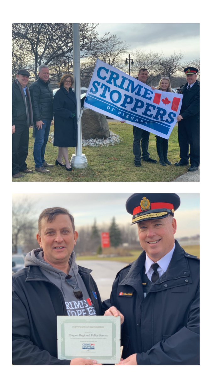 .@ChiefMacCulloch joined <a href="/niagaratips/">Crime Stoppers</a> partners in <a href="/TownofLincolnON/">Town of Lincoln</a> to raise the flag for CrimeStoppers month.  Know something?  Say something.  You can anonymously report tips to CrimeStoppers by phone and online