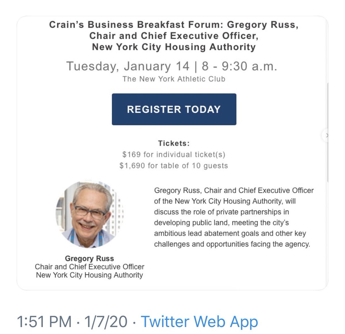Marni4Change's tweet photo. Thx @infopobn for this: Breakfast with #GregRuss, Privatizer & Displacer in Chief for $169, to talk nuances on how to evict the vulnerable & POC? Gag me! @FightForNYCHA @HolmesIsaacs @Justice4AllQns @QueensAntiGen @jqllc @sunnysideyards @unitedNYblogs @MTOPP4BK @EVANGELIST_SC https://t.co/r24nbWCuhL