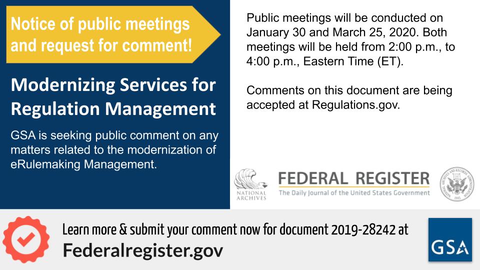 USGSA's tweet photo. #TipTuesday - GSA is seeking public comment on existing research, processes, services, or technologies that could improve GSA's management of #eRulemaking. Learn more and attend a public meeting: https://t.co/QojgVbKs0k https://t.co/rgWdfzrAOp