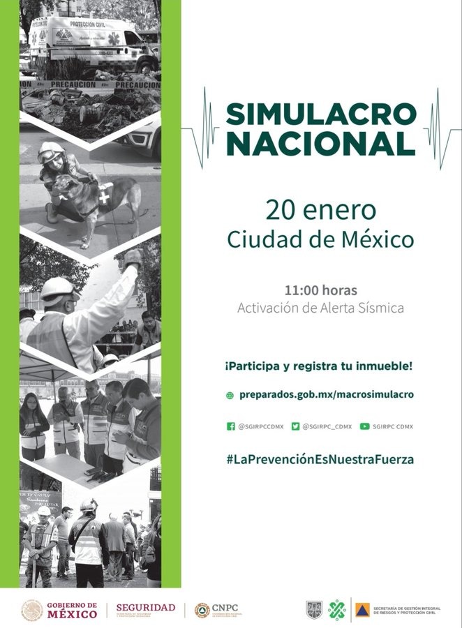 Recuerda que el próximo 20 de enero a las 11:00 horas se realizará el #SimulacroCDMX2020. 

Aprovechemos este ejercicio para estar mejor preparados y recuerda que #LaPrevenciónEsNuestraFuerza

Registra tu inmueble en bit.ly/36dYjpx