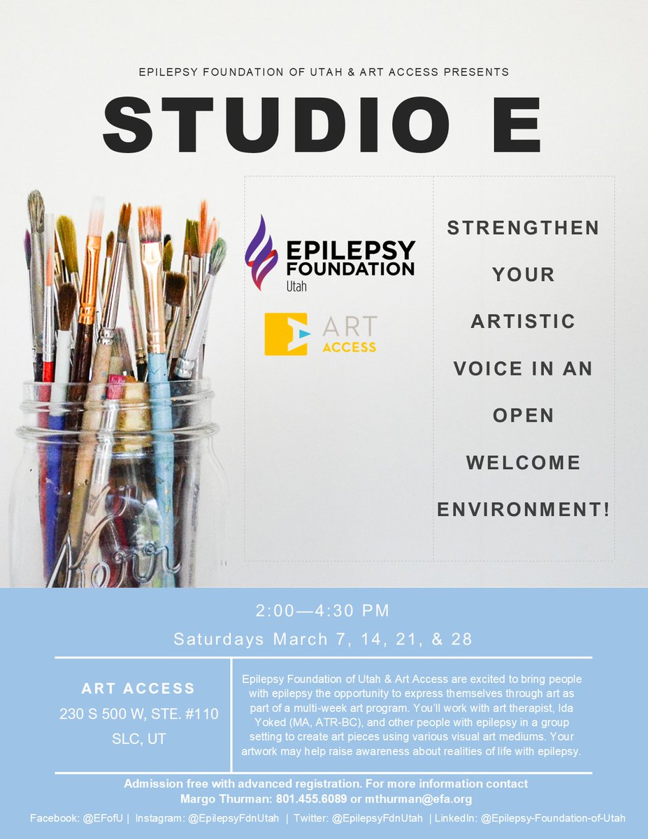 Epilepsy Foundation Utah (@epilepsyfdnutah) on Twitter photo Let your inner artist out and join us for the 2020 Studio E - Art Therapy program. Held in partnership with our friends over at Art Access. Contact us at utah@efa.org to secure your spot in this educational and fun program while there are still spots left! Let your inner artist out and join us for the 2020 Studio E - Art Therapy program. Held in partnership with our friends over at Art Access. Contact us at utah@efa.org to secure your spot in this educational and fun program while there are still spots left!