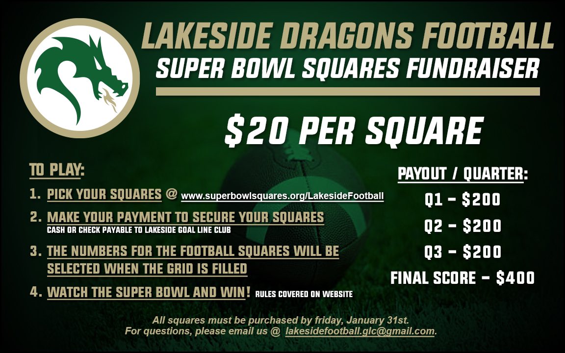 Lakeside Friends and Family:
 
Our Super Bowl 🏈 squares fundraiser! The cost is $20 per square. Use the link below to choose your squares.

superbowlsquares.org/LakesideFootba…