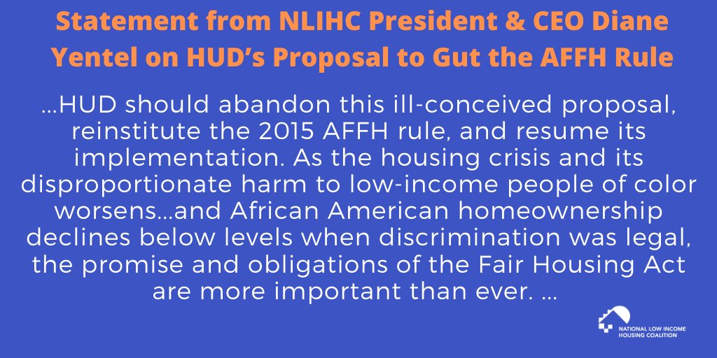 NLIHC's tweet photo. .@dianeyentel's statement on @HUDgov's proposal to gut the #AFFH rule https://t.co/baqZPseoUQ #KeepHousingFair https://t.co/D0VAubtJ6n