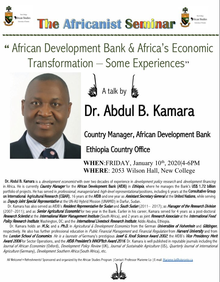Don’t miss our monumental first event of the year! 

“African Development Bank & Africa’s Economic 
Transformation – Some Experiences'
 
A talk by Dr. Abdul B. Kamara
Country Manager
African Development Bank
Ethiopia Country Office

#africandevelopment #2020SoFar