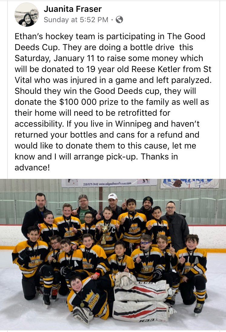 ChenierNicole's tweet photo. What a great team initiative! Please support the South Winnipeg Peewee A2  Gold team as they collect bottles and cans for Reese Ketler this Saturday . They will be set up at Peavey Mart on Pembina highway. Hockey families helping hockey families! #Ketlerstrong @stvitaljrvics https://t.co/wux4mWZ9iy
